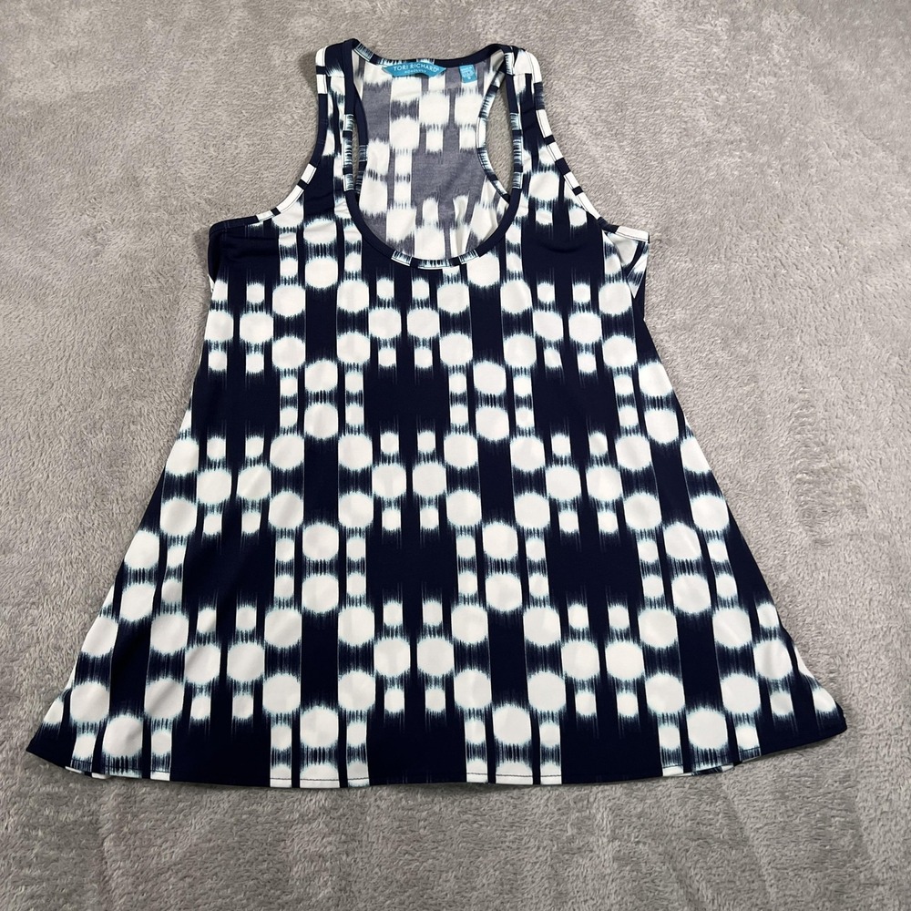 Tori Richard Tank Top Womens‎ Small Navy Blue White Ikat Print Racerback Hawaii